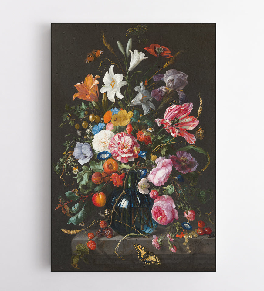 Flowers and Butterflies in A Black Vase