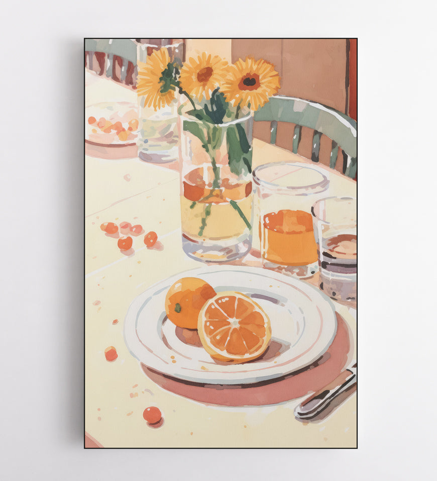 Plate of Yellow Daisies and Oranges