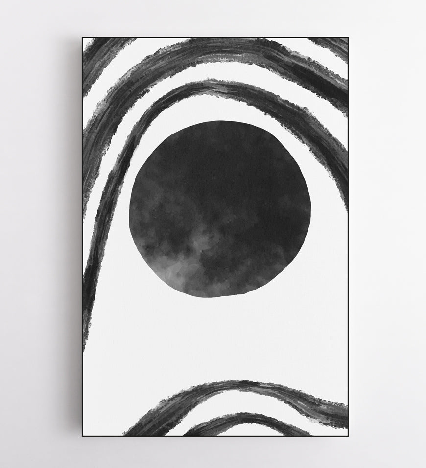 Abstract Watercolor Art Circle and Lines Black White